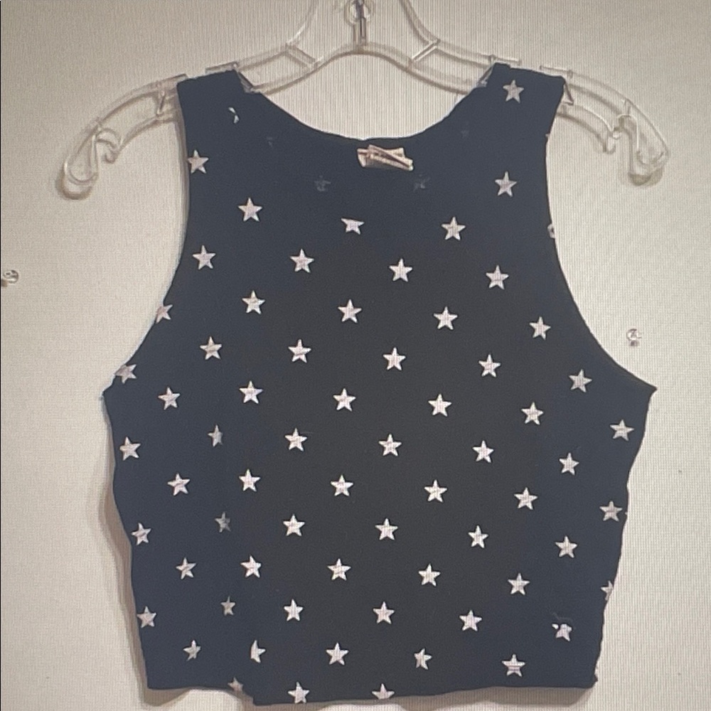 Free People Black Cropped Tank with White Star Print